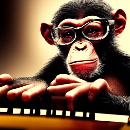 Prompt: photo of chimpanzee wearing glasses and playing the piano on stage in the spotlight at a smoky nightclub, glass of beer on the piano, 5 0 mm, beautiful photo