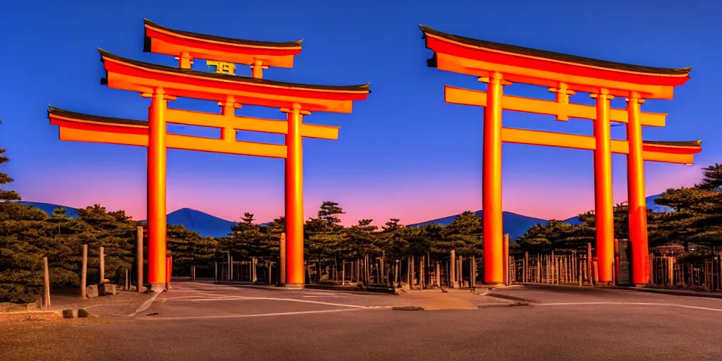 Image similar to A night photo of a american yellow school bus entering a Red Japanese Torii gate at Mount Fuji location in Japan, time travel, 4K, global illumination, ray tracing