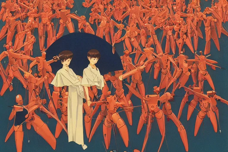 Image similar to gigantic evangelion angels with human faces catch tiny threads, a lot of exotic mechas robots around, human heads everywhere, risograph by kawase hasui, dirtyrobot, edward hopper, satoshi kon and moebius, colorful flat surreal design, super - detailed, a lot of tiny details, fullshot