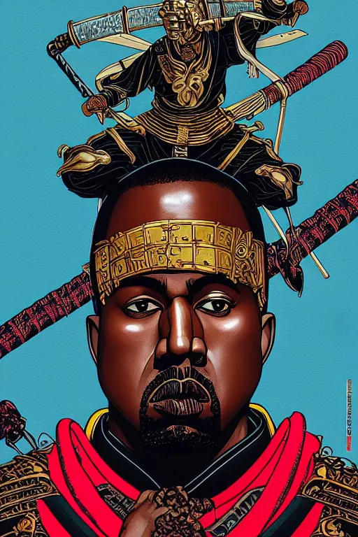 Image similar to poster of kanye west as a samurai, by yoichi hatakenaka, masamune shirow, josan gonzales and dan mumford, ayami kojima, takato yamamoto, barclay shaw, karol bak, yukito kishiro, highly detailed