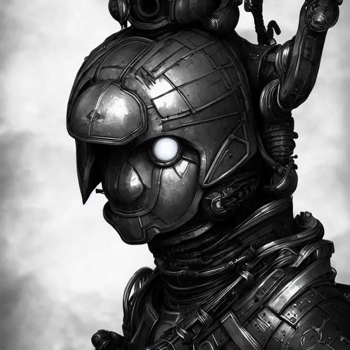 Prompt: a vertical portrait of a character in an spaceship by nihei tsutomu, black and white, dreamy, steampunk armor, highly detailed, 3 d render, vray, octane, realistic lighting