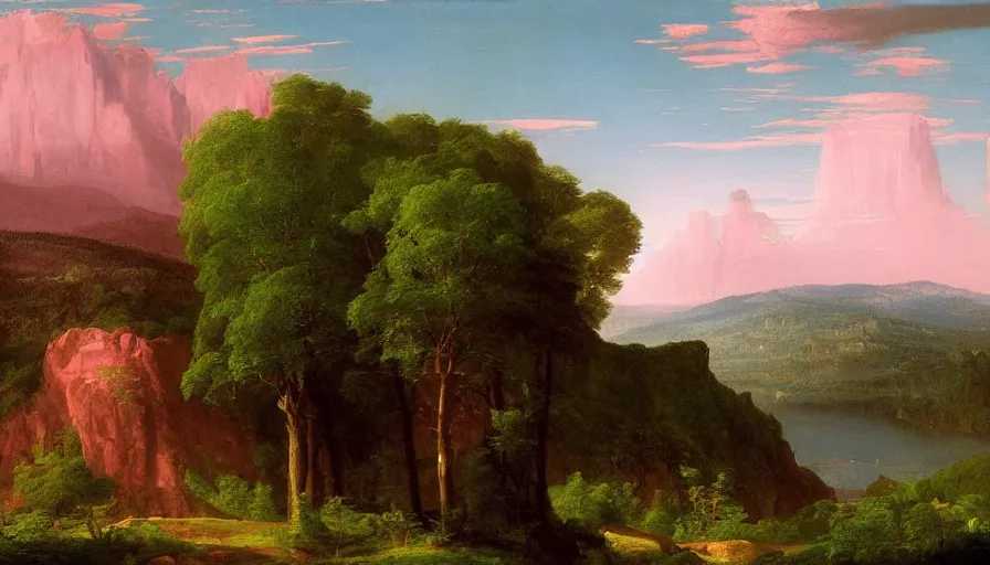 Prompt: pink american landscape, painted by thomas cole