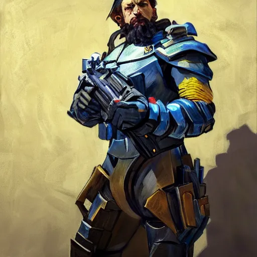 Image similar to greg manchess portrait painting of armored van gogh as overwatch character, medium shot, asymmetrical, profile picture, organic painting, sunny day, matte painting, bold shapes, hard edges, street art, trending on artstation, by huang guangjian, gil elvgren, ruan jia, randy vargas, greg rutkowski