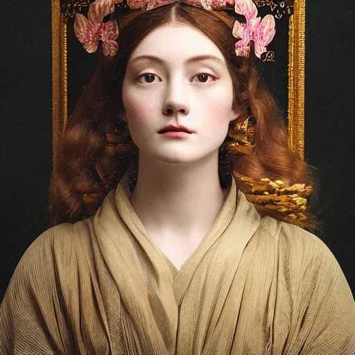 Prompt: kodak portra 4 0 0, 8 k, artstation, soft light, volumetric lighting, highly detailed, britt marling style 3 / 4 extreme close - up portrait photography of a beautiful woman pre - raphaelite, inspired by ukiyo - e, royal woman wearing ornate art nouveau orchid headdress, realistic, refined, highly detailed