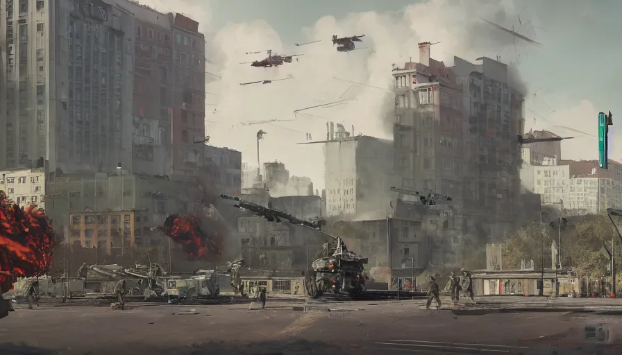 Prompt: warsaw downtown, poland, soldiers and mech fight, simon stalenhag, 4 k, ultra detailed, explosions and smoke