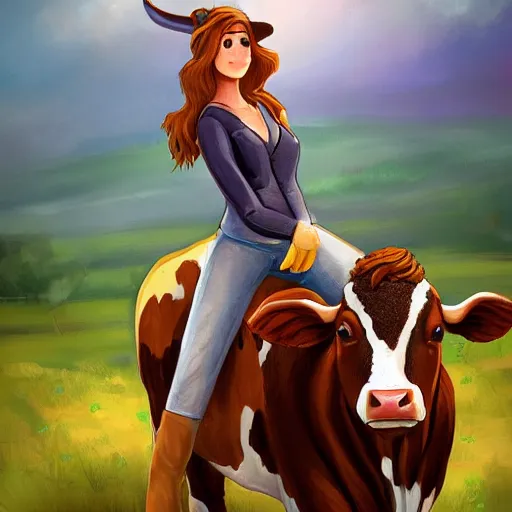 Prompt: girl riding a cow on the farm, trending on artstation