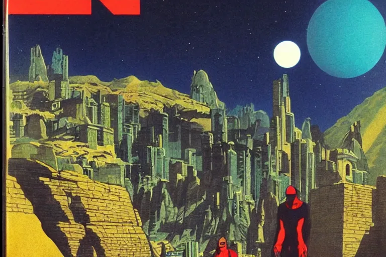 Image similar to 1979 OMNI Magazine Cover depicting a monestary. Cyberpunk Akira style by Vincent Di Fate