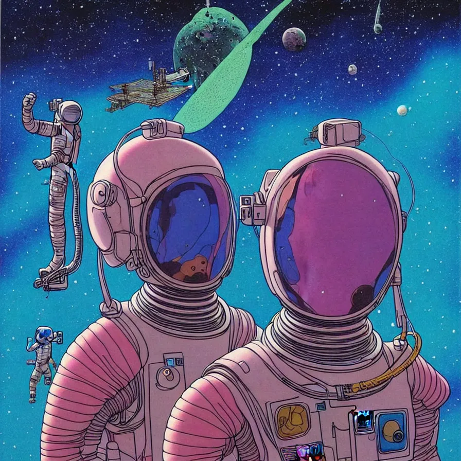 Image similar to ( ( ( ( astronaut talking face to face with a humanoid creature from another planet. ) ) ) ) by mœbius!!!!!!!!!!!!!!!!!!!!!!!!!!!, overdetailed art, colorful, artistic record jacket design