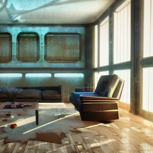 Image similar to Sci fi engine room living room, cybernetic wallpaper, thunderstrike walls, unreal engine 5 tech demo, zillow interior, cool tint, vivid colors, metallic reflective, octane render, Frank Lloyd Wright ((Studio Ghibli))