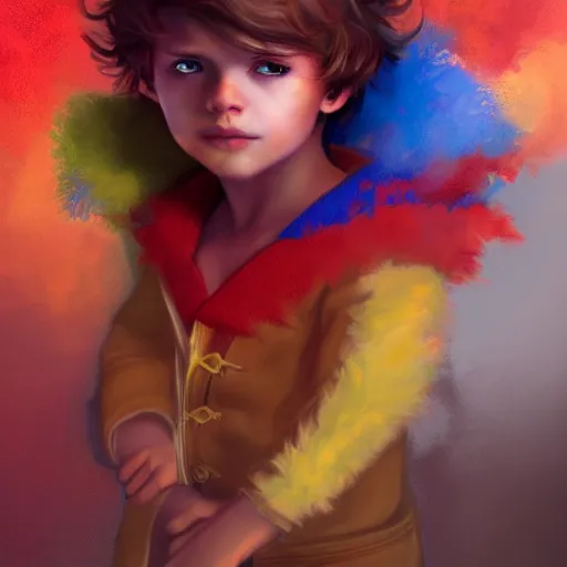 Image similar to colorful and festive captivating young child boy, brown fluffy hair, wearing red and yellow hero suit. full body, rich vivid colors, ambient lighting, dynamic lighting, 4 k, atmospheric lighting, painted, intricate, highly detailed by charlie bowater