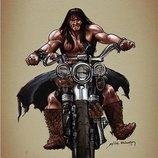 Image similar to concept art conan the barbarian riding a harley davidson