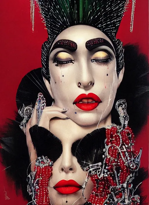 Prompt: an 8 0 s portrait of a woman with dark eye - shadow and red lips with dark slicked back hair, a mask of beads and diamonds hanging from a thin black crown, dreaming acid - fueled hallucinations by serge lutens, rolf armstrong, delphin enjolras, peter elson, red cloth background