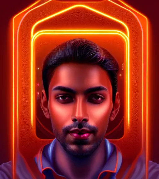 Image similar to symmetry!! indian prince of technology, solid cube of light, hard edges, product render retro - futuristic poster scifi, lasers and neon circuits, brown skin handsome indian prince, intricate, elegant, highly detailed, digital painting, artstation, concept art, smooth, sharp focus, illustration, dreamlike, art by artgerm