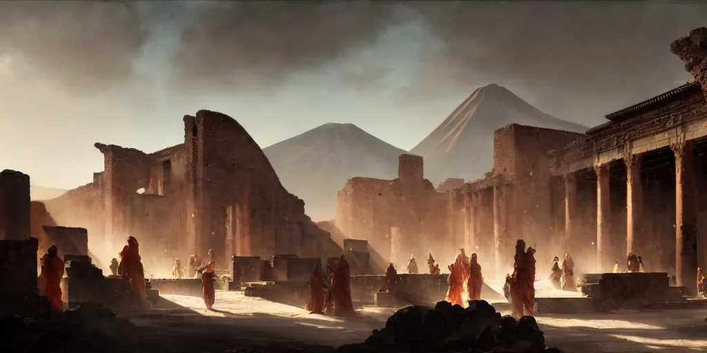 Prompt: the last day of pompeii, extremely detailed digital painting, in the style of fenghua zhong and ruan jia and jeremy lipking and peter mohrbacher, mystical colors, rim light, beautiful lighting, 8 k, stunning scene, raytracing, octane, trending on artstation