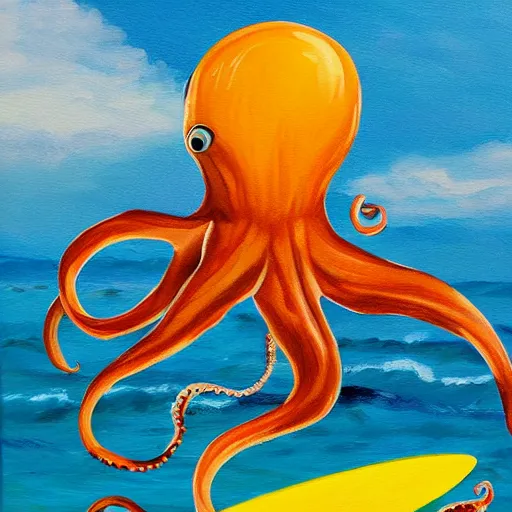 Image similar to painting of a surfing octopus on a surfboard surfing through the clouds