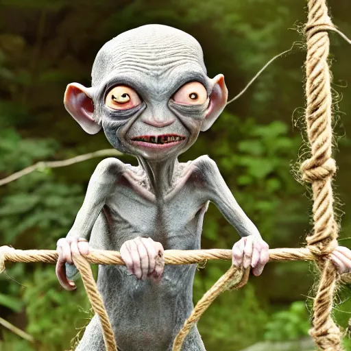 Image similar to Gollum sat on the twine, stretching