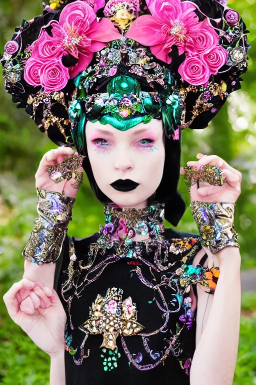 Prompt: ornate cyber avant garde headpiece, spring ritual floral dress, teen girl esoteric fantastical fashion zine
