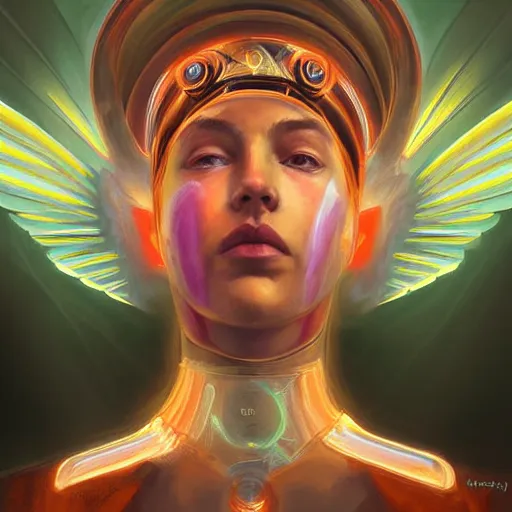 Prompt: Shoulder level close up portrait of a seraphim angel from a neo solar punk future future metaverse cyborg tech techno angelic warrior by Mandy Jurgens, cartoon, oil painting , visionary art, symmetric, Heavenly symbols, holy halo, astral patterns, sci-fi