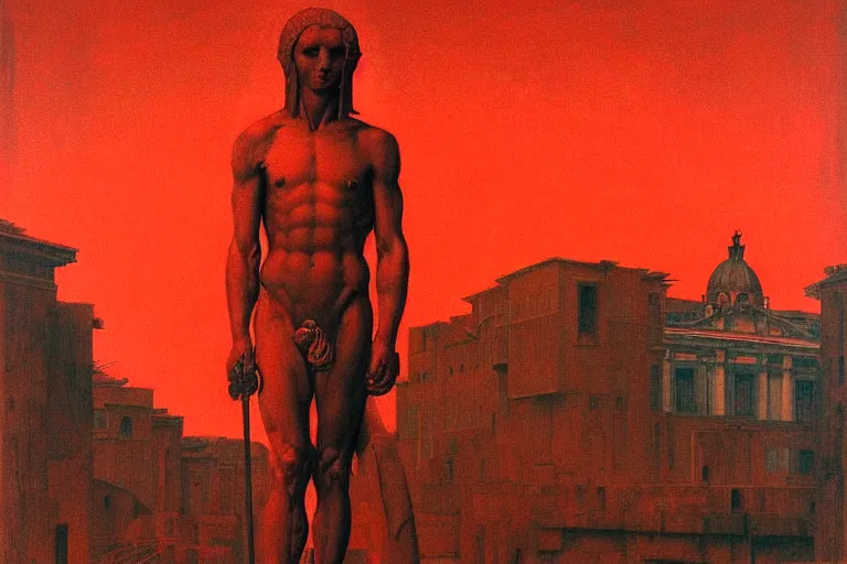 Image similar to only with red, caesar after war, a red tiger, in hoc signo vinces, rome in background, an ancient path, in the style of beksinski, part by hopper, part by rodcenko, part by hofbauer, intricate composition, red by caravaggio, insanely quality, highly detailed, masterpiece, red light, artstation