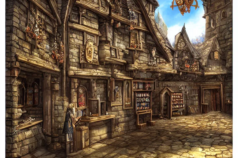 Prompt: A medieval magic shop viewed from the outside, magic items, magic, texture, intricate, details, highly detailed, masterpiece, architecture, building, trending on artstation, focus, sharp focus, concept art, digital painting, fantasy, sunny, day, midday