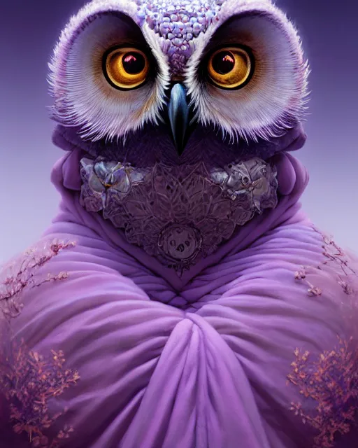 Prompt: anthropomorphic art of an owl king, in a lilac royal robe, by artgerm, victo ngai, ryohei hase, artstation, highly detailed digital painting, smooth, global illumination, fantasy art by greg rutkowsky, karl spitzweg, leyendecker