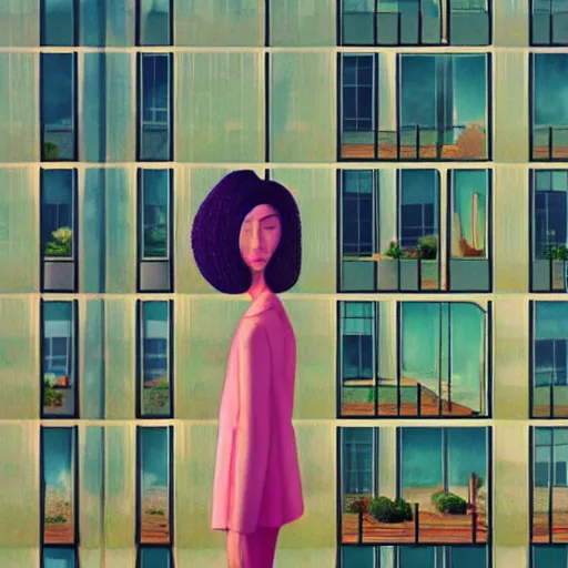 Image similar to closeup, huge flower as head, woman standing by tall modern windows, luxury apartment, surreal photography, sunlight, impressionist painting, digital painting, artstation, simon stalenhag