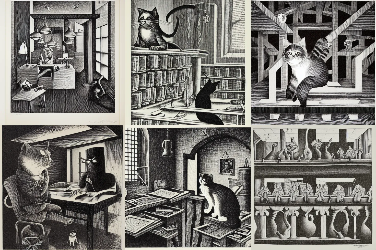Prompt: the cat was the only reason the accounting department functioned at all, lithograph, M.C. Escher