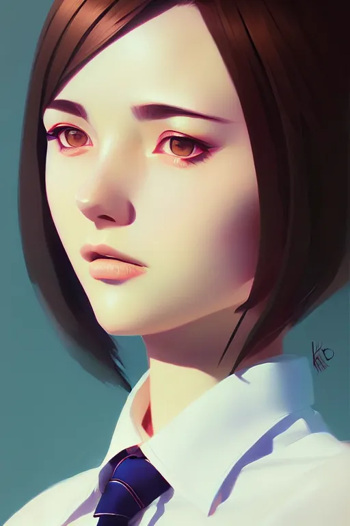 Image similar to a ultradetailed beautiful portrait panting of a stylish woman wearing a shirt with a tie, by ilya kuvshinov, greg rutkowski and makoto shinkai, trending on artstation