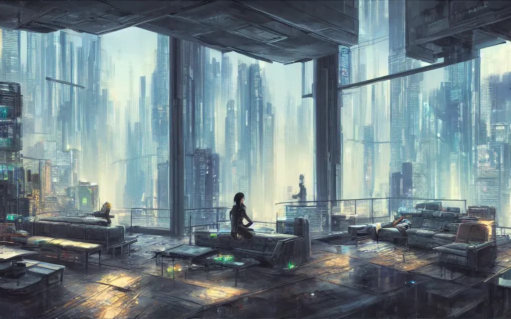 Image similar to cyberpunk loft lounge with tall windows, no people, city in background, drawn by feng zhu, sparse plants, dim painterly lighting volumetric aquatics, impasto