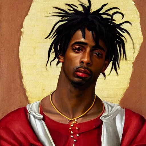 Image similar to a renaissance style portrait painting of playboi carti