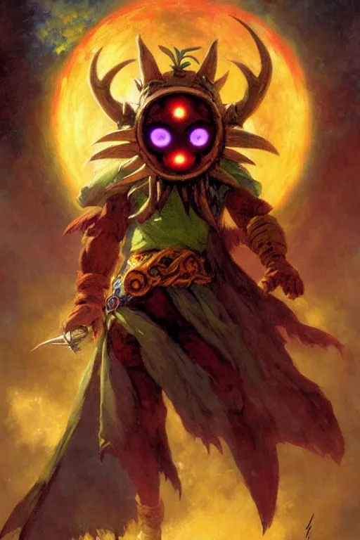 Image similar to majora's mask as a magic the gathering card portrait dnd, painting by gaston bussiere, craig mullins, greg rutkowski, yoji shinkawa