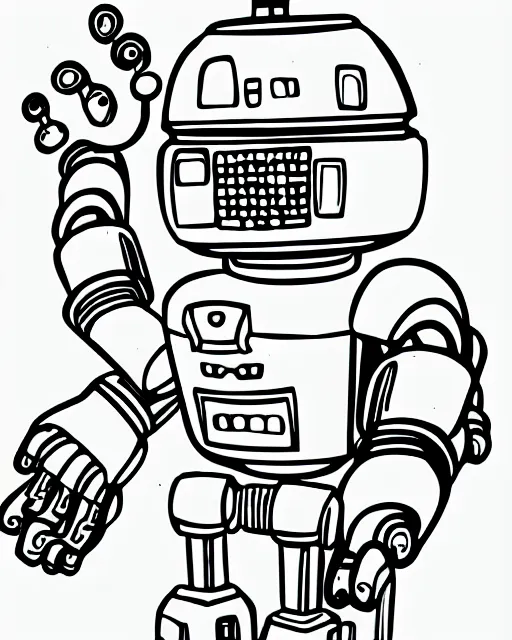 Image similar to robot drawing a picture, coloring book, line art, simple, low detail