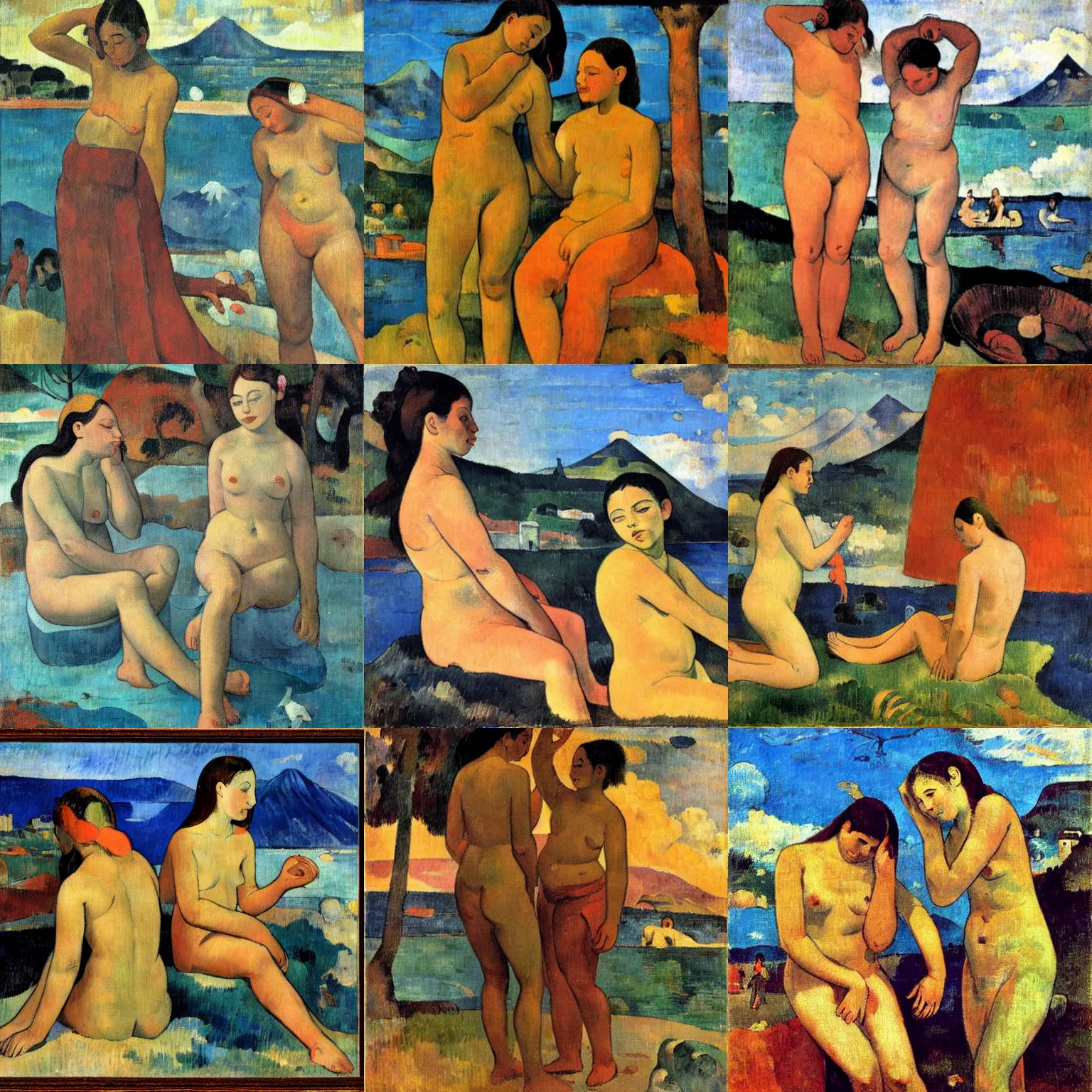 Prompt: Two young ladies bathing close to Naples Vesuvio as Paul Gauguin style