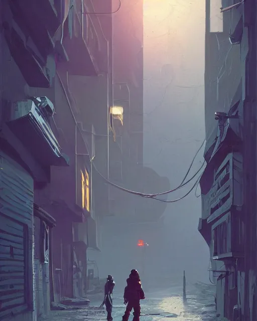 Prompt: a myterious hooded alien creature drug dealing in a dark alleyway, by simon stalenhag james gurney, cinematographic, hard artificial lighting, 3 5 mm lens, defined shapes, baroque sci - fi architecture, puddles, artstation, masterpiece