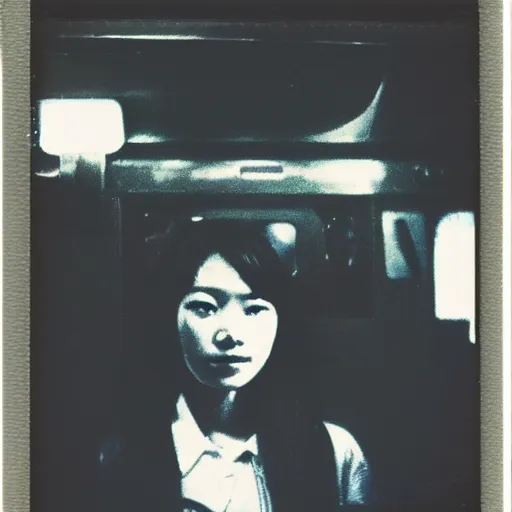 Prompt: polaroid of a young japanese woman on a train at night