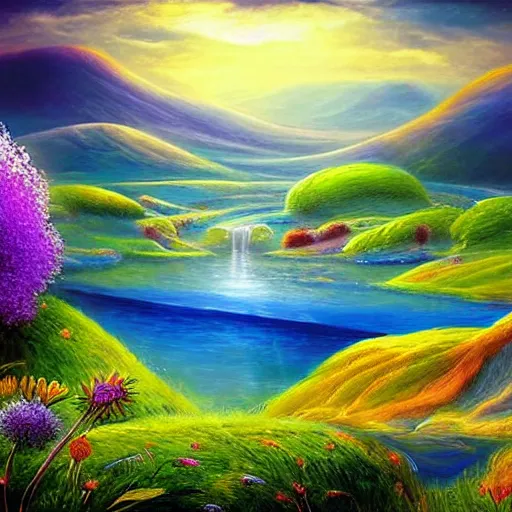 Image similar to A beautiful digital art of of a landscape. It is a stylized and colorful view of an idyllic, dreamlike world with rolling hills, peaceful looking animals, and a flowing river. The scene looks like it could be from another planet, or perhaps a fairy tale. mint, airbrush by Mandy Disher exciting