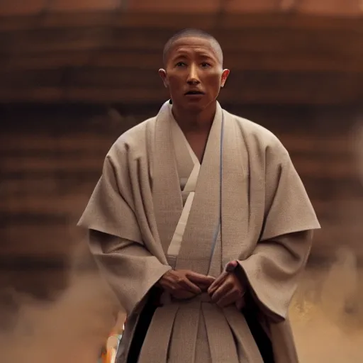 Image similar to cinematic film still Pharrell Williams starring as a Samurai holding fire, Japanese CGI, VFX, 2003, 40mm lens, shallow depth of field,film photography