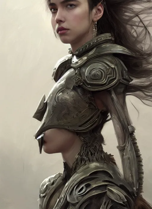 Image similar to a professional portrait of a beautiful young female, clothed in ethereal battle armor, olive skin, long dark hair, beautiful bone structure, symmetrical facial features, intricate, elegant, digital painting, concept art, smooth, sharp focus, finely detailed, illustration, from Valerian and the City of a Thousand Planets, in the style of Ruan Jia and Mandy Jurgens and Artgerm and Greg Rutkowski and William-Adolphe Bouguerea