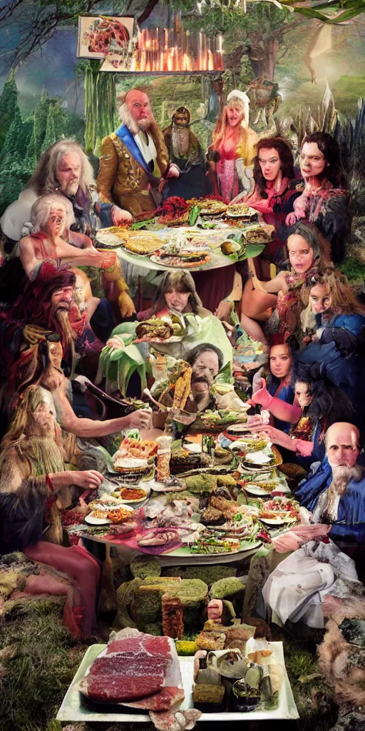 Prompt: an 8 k magazine editorial photo shoot color hdr picture of zardoz accessing second level during his 9 6 6 th birthday party along with female friends. everything is of the second level including plates of green bread and hams on the isle of kun lao