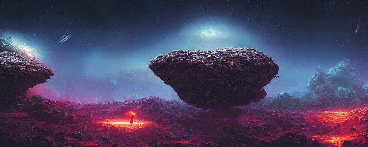 Image similar to ” small rock asteroid, [ black starry space, cinematic, detailed, epic, widescreen, opening, establishing, mattepainting, photorealistic, realistic textures, octane render, art by paul lehr ] ”