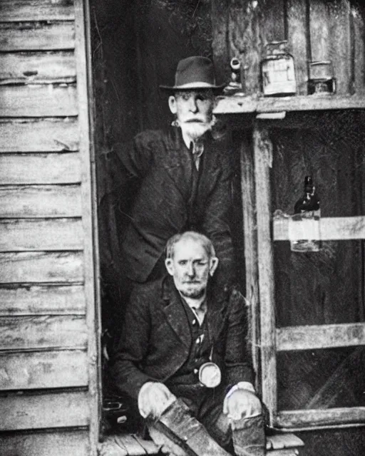 Prompt: “a black and white photograph of an Appalachian bootlegger during prohibition, sitting on the porch with a jar of moonshine next to him, realistic, vintage, antiqued look, grainy film”