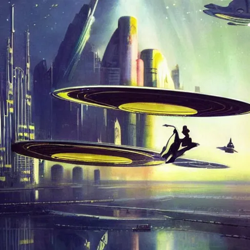 Image similar to gorgeous sci fi imagery | landing spot | space and city flying craft | futuristic | beautiful couple in the foreground heading to their hovering transport | futurism | modern couple | futuristic cityscape in the background | low angle | golden ratio | by john berkey, greg rutkowski, james gurney