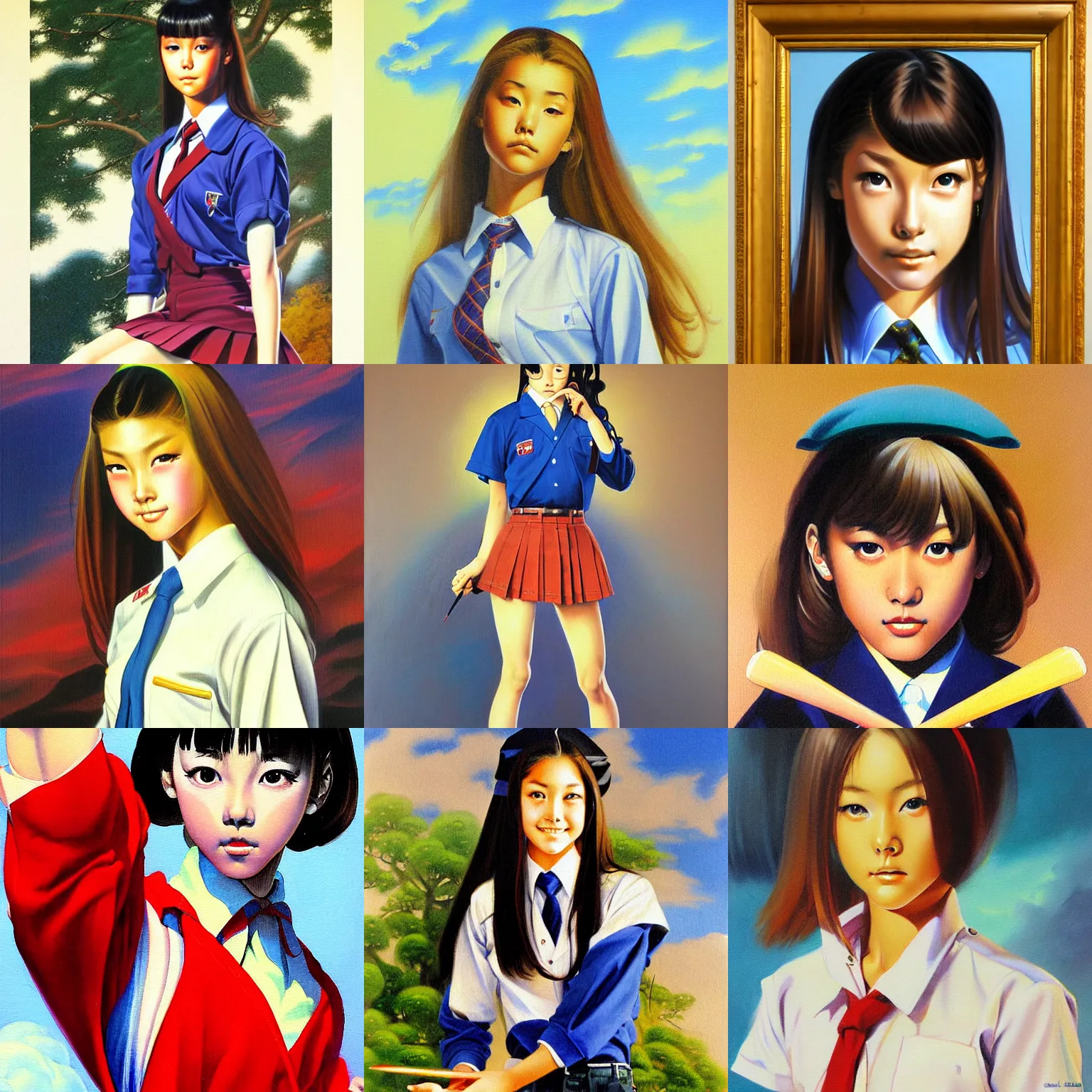 Prompt: clothed in school uniform japanese schoolgirl painting by boris vallejo