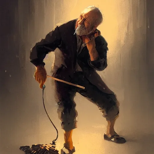 Prompt: old man portrait, he pulling pin is pulling pin of hand grenade,, greg rutkowski art