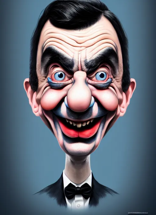 Prompt: highly detailed caricature portrait of mr bean with clown makeup by ross tran, by greg rutkowski, brush strokes, 4 k resolution, light blue pastel background