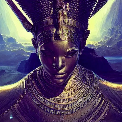 Image similar to portrait of an egyptian god, fantasy ,volumetric lighting, intricate, elegant, hyperdetailed 3d matte painting, highly detailed, digital painting, artstation, smooth, sharp focus, illustration, art by Makoto Shinkai and artgerm, hyperrealism, hyperrealistic, cinematic masterpiece, fantasy style 8k ultrahd octane render