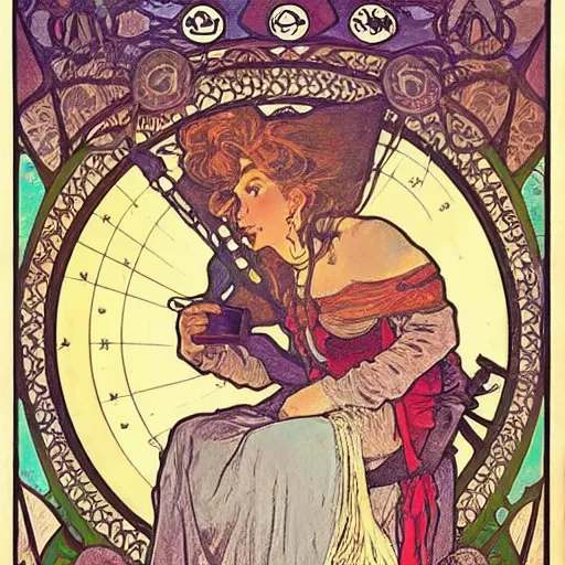 Prompt: poster of Gypsy lady doing tarot card reading inside a gypsy caravan surrounded by cats, art nouveau, 1878, Alphonse Mucha, decorative panels, old paper, soft colors