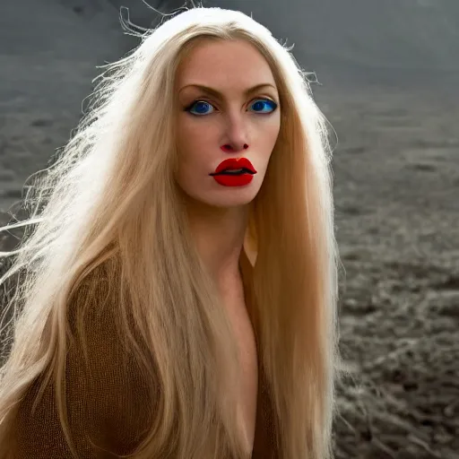 Image similar to a beautiful english woman with a long face narrow nose blue eyes red lips and wild light blonde hair, high resolution film still, sandy, a journey to the west