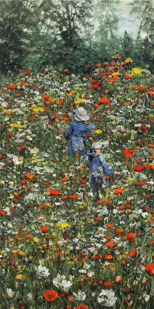 Image similar to oil painting scene from flower fields in the forest by kim jung gi