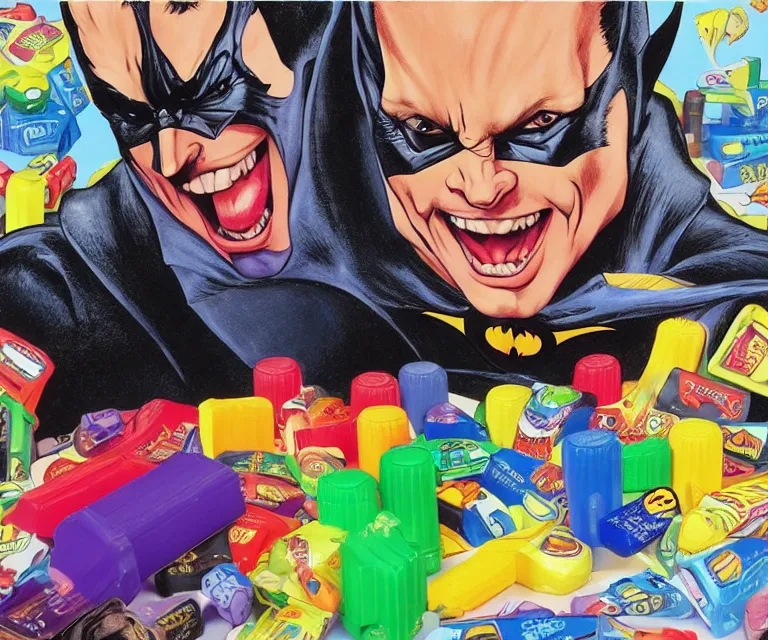 Image similar to “ treacher collins batman eating crayons from the box, photorealistic, hyperrealism, 8 k ”